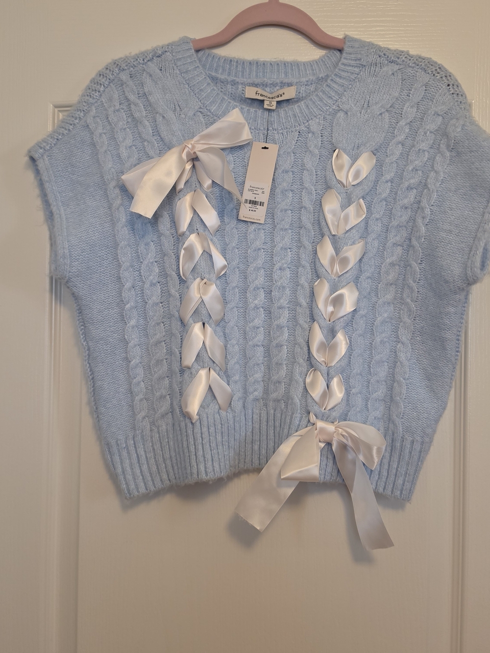 Francesca's Collections Pale Blue Cable-Knit Bow Accent Sweater Top